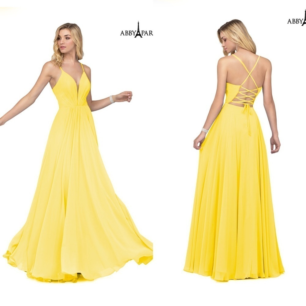 NWT Abby Paris Butter Cup Illusion Plunging Neck Open Back Chiffon Prom Dress